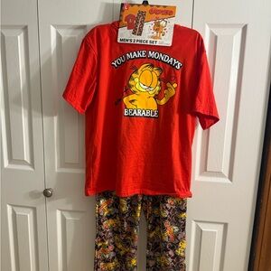 Garfield Men's Red Pajama Set - 'You Make Mondays Bearable' Tee & Printed Pants